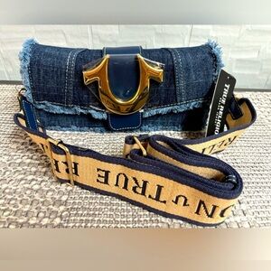 True Religion Blue Denim Bag with Gold Buckle
